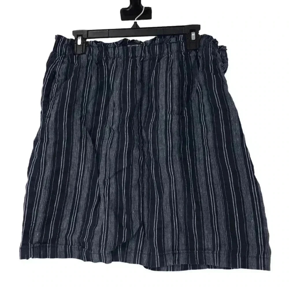 ELLEN TRACY SKIRT WOMENS LARGE 100% LINEN PAPERBAG WAIST STRIPED SUMMER CASUAL